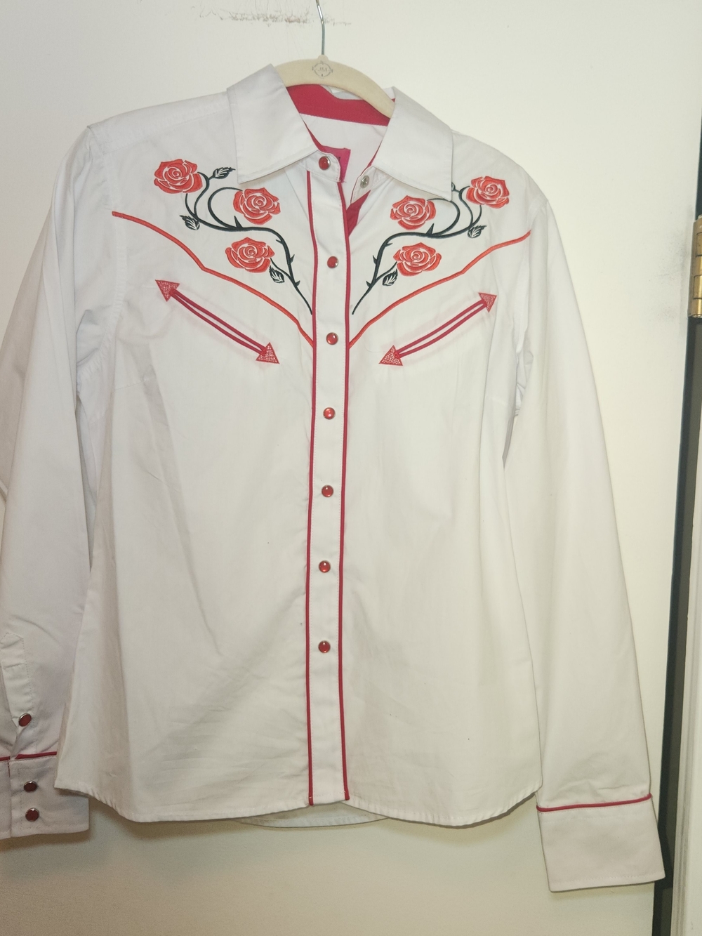 Patrona White Women's Western Shirt with Red Rose Embroidery M
